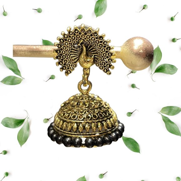 Ethnic Elegant Peacock Black & Gold Danglers - Picture 2 of 3